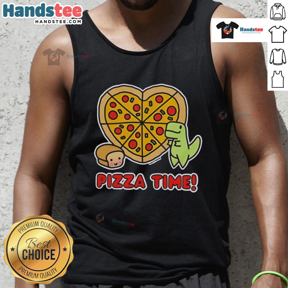 Alt Text: Funny tank top featuring a dinosaur enjoying pizza and a loaf of bread, perfect for pizza lovers and graphic tee fans.