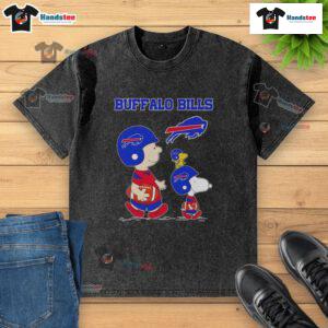 Good Snoopy and Friends x Buffalo Bills NFL football lover washed t-shirt featuring iconic cartoon characters.