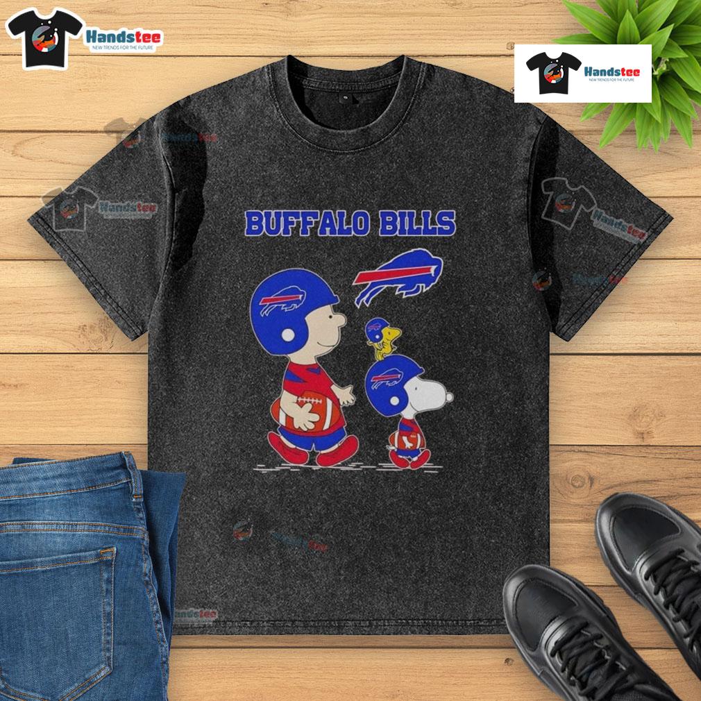 Good Snoopy and Friends x Buffalo Bills NFL football lover washed t-shirt featuring iconic cartoon characters.