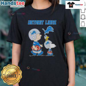 Alt Text: Good Snoopy and Friends X Detroit Lions NFL football lover ladies tee featuring playful Snoopy design and team colors.