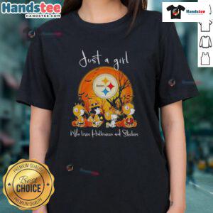 Alt Text: Good Snoopy and Friends X Pittsburgh Steelers tee for ladies, celebrating Halloween and Steelers spirit.