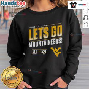 Good West Virginia Mountaineers vs Pitt Panthers 2025 sweatshirt featuring team logos and 'Let's Go Score' slogan.