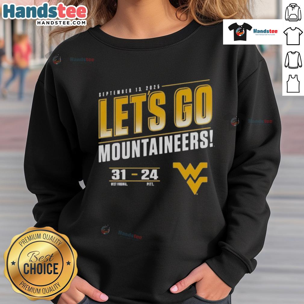 Good West Virginia Mountaineers vs Pitt Panthers 2025 sweatshirt featuring team logos and 'Let's Go Score' slogan.