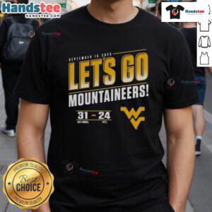 2025 West Virginia Mountaineers vs Pitt Panthers 'Let's Go' score T-shirt featuring team colors and logos.