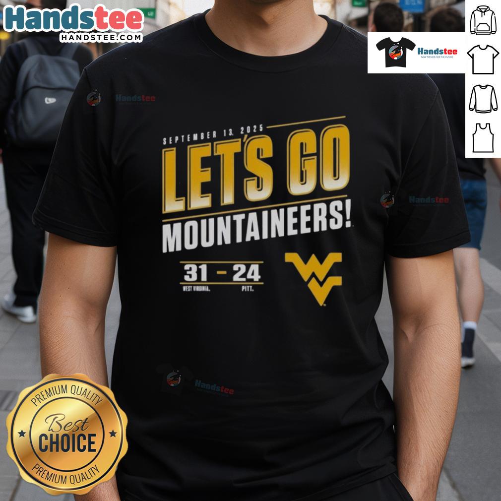 2025 West Virginia Mountaineers vs Pitt Panthers 'Let's Go' score T-shirt featuring team colors and logos.