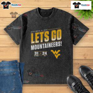 Good West Virginia Mountaineers vs Pitt Panthers 2025 Let's Go Score washed t-shirt design featuring team logos and colors.