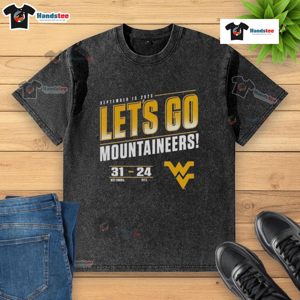 Good West Virginia Mountaineers vs Pitt Panthers 2025 Let's Go Score washed t-shirt design featuring team logos and colors.