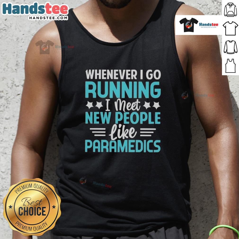 Runner in a tank top meets paramedics during a jog, showcasing the community spirit of running and fitness.