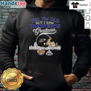 Vintage hoodie featuring Baltimore Ravens helmet and skyline, celebrating Super Bowl greatness and team pride.