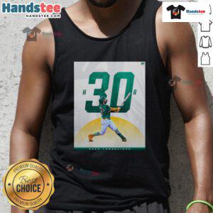 Shea Langeliers wearing a tank top celebrating his 30-homer season with the Oakland Athletics, showcasing team spirit.
