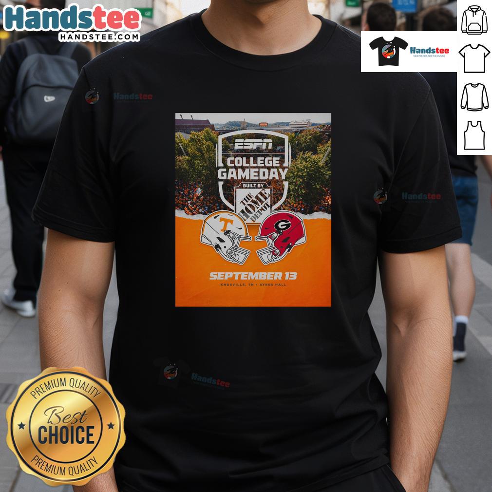Hot Tennessee Volunteers vs Georgia Bulldogs 2025 College Gameday T-Shirt design featuring team colors and logos.