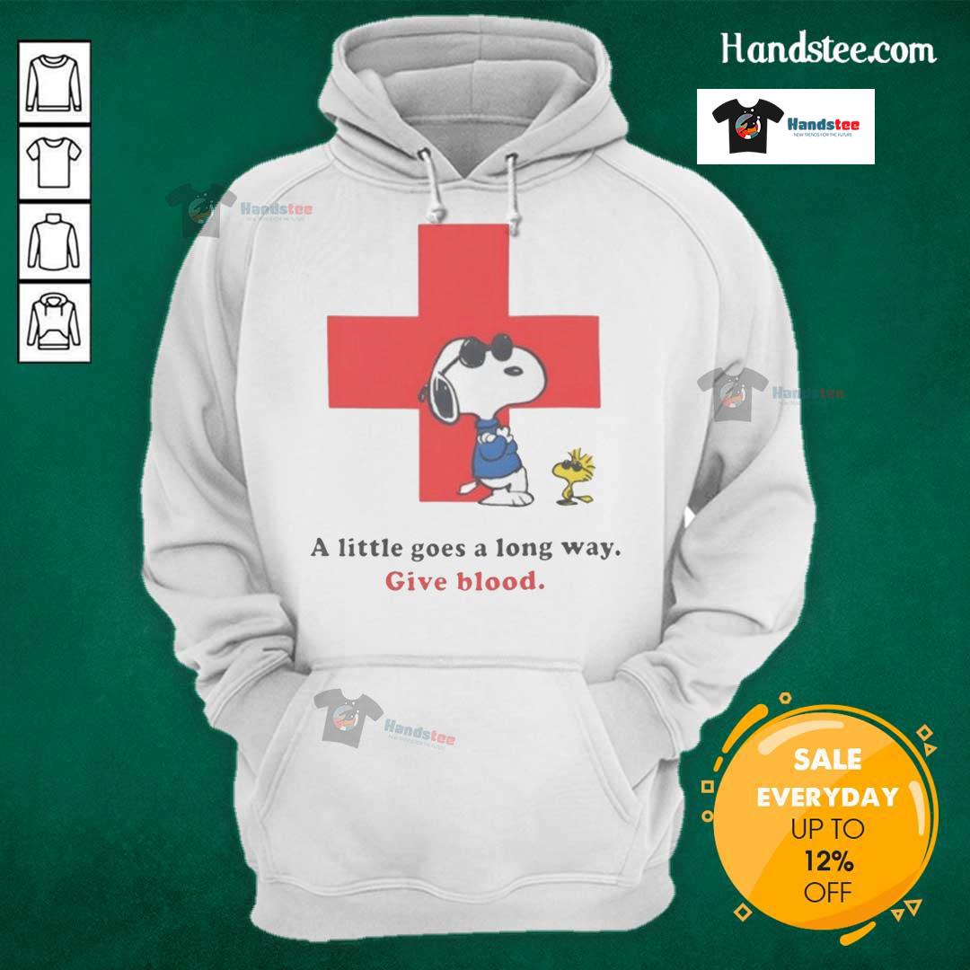 Alt Text: Nice American Red Cross Peanuts Snoopy hoodie promoting blood donation with the slogan 'A Little Goes a Long Way.'