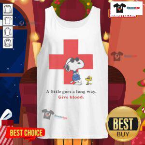 American Red Cross Peanuts Snoopy tank top promoting blood donation with 'A Little Goes A Long Way' slogan.