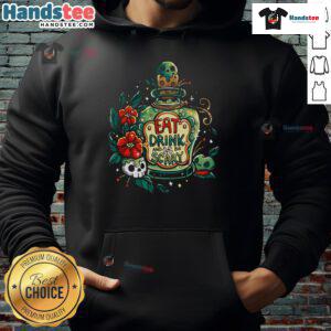 Alt Text: Cozy 'Eat, Drink, and Be Very Scary' hoodie perfect for Halloween festivities and autumn outings.