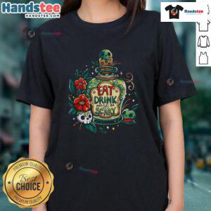 Nice Eat Drink and Be Very Scary Ladies Tee featuring a fun Halloween design, perfect for festive celebrations.