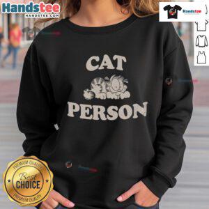 Person wearing a Nice Garfield Cat sweatshirt, showcasing vibrant graphics and cozy style perfect for cat lovers.