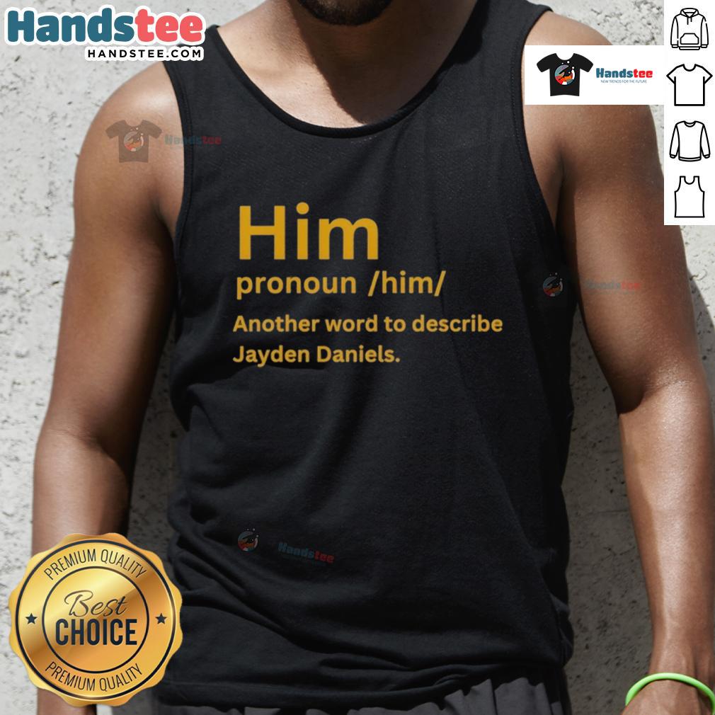Jayden Daniels wearing a stylish tank top featuring the 'Nice Him' pronoun design, showcasing modern fashion trends.