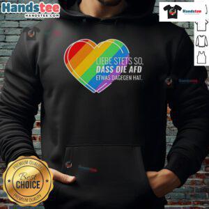 Alt Text: Pride Heart Hoodie with 'Nice Liebe Stets' design, showcasing support against AfD, vibrant colors and inclusive message.