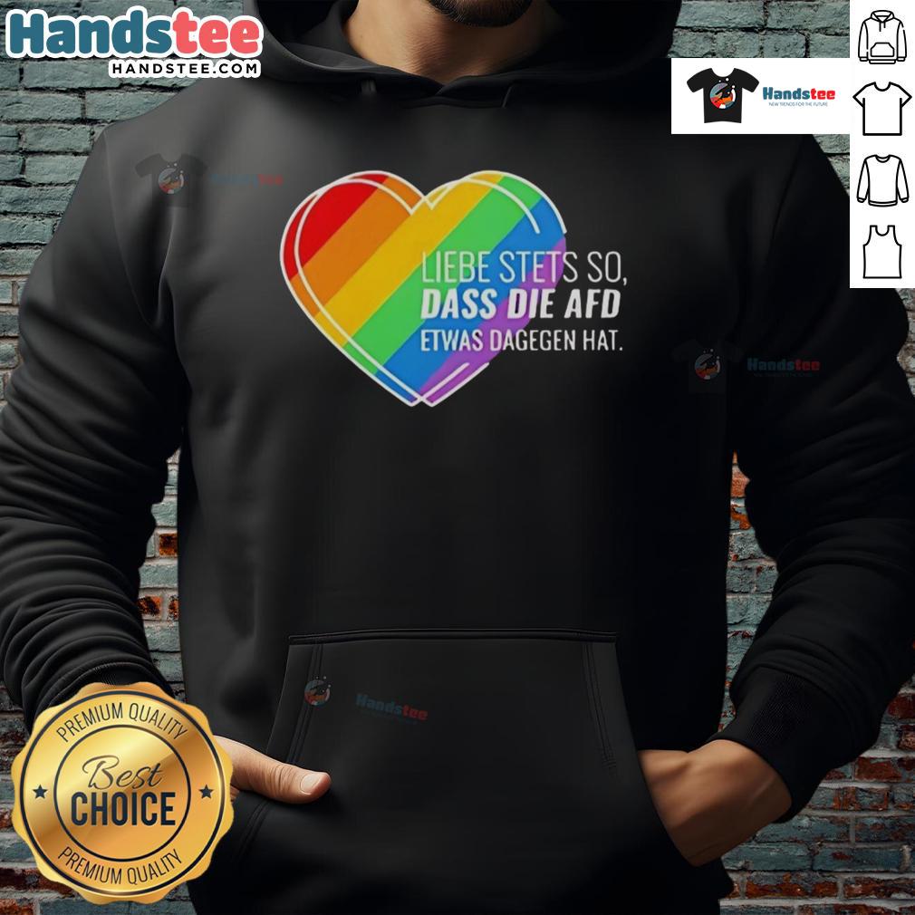Alt Text: Pride Heart Hoodie with 'Nice Liebe Stets' design, showcasing support against AfD, vibrant colors and inclusive message.