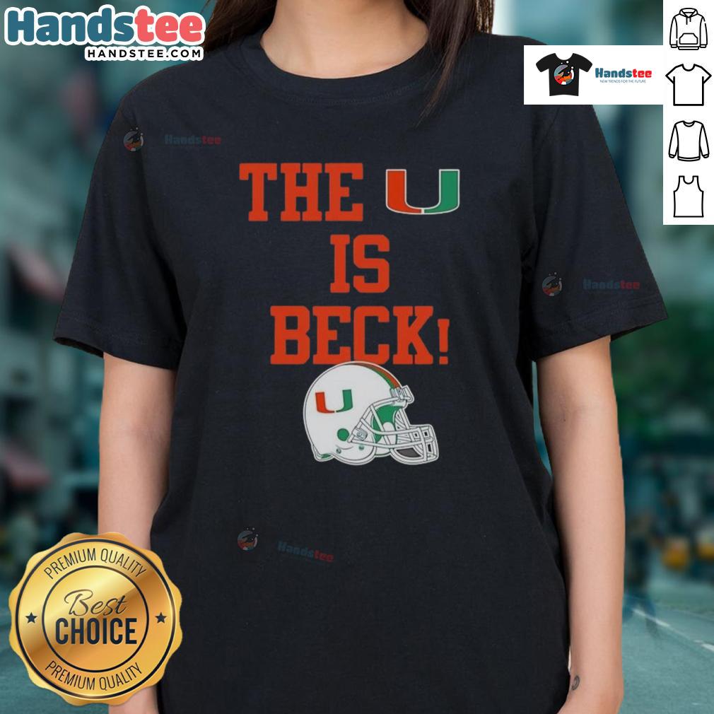 Nice Miami Hurricanes football helmet design on a ladies tee, showcasing The U is Back spirit and style.