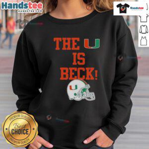 Alt Text: Nice Miami Hurricanes football sweatshirt featuring 'The U is Back' design and a helmet graphic for fans.
