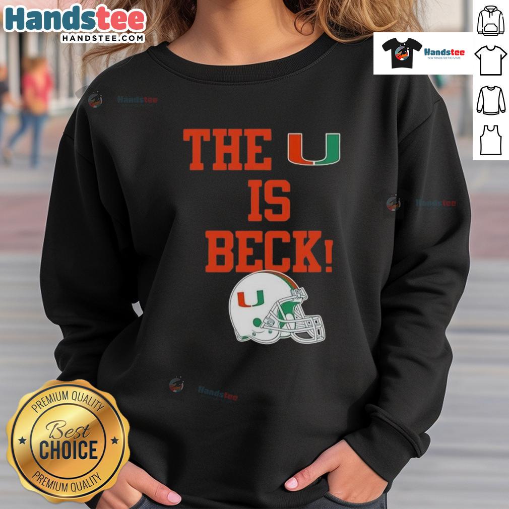 Alt Text: Nice Miami Hurricanes football sweatshirt featuring 'The U is Back' design and a helmet graphic for fans.