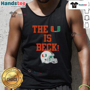 Alt Text: Stylish Miami Hurricanes football tank top featuring 'The U is Back' and a helmet design, perfect for fans.