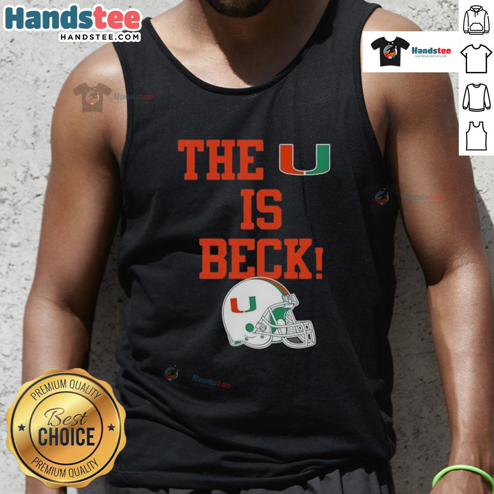 Alt Text: Stylish Miami Hurricanes football tank top featuring 'The U is Back' and a helmet design, perfect for fans.