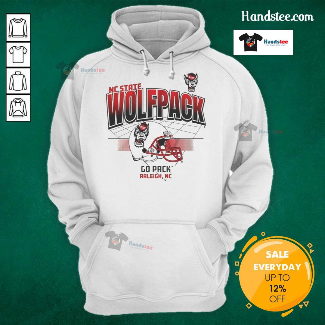 Alt Text: Nice North Carolina State Wolfpack football helmet graphic on a hoodie, perfect for fans in Raleigh. Go Pack!