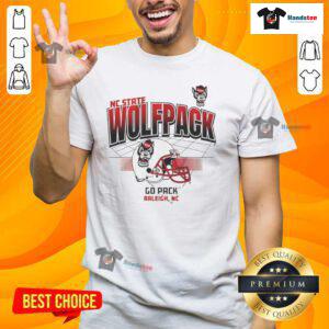 Alt Text: Nice North Carolina State Wolfpack football helmet graphic on a Go Pack Raleigh T-shirt design.