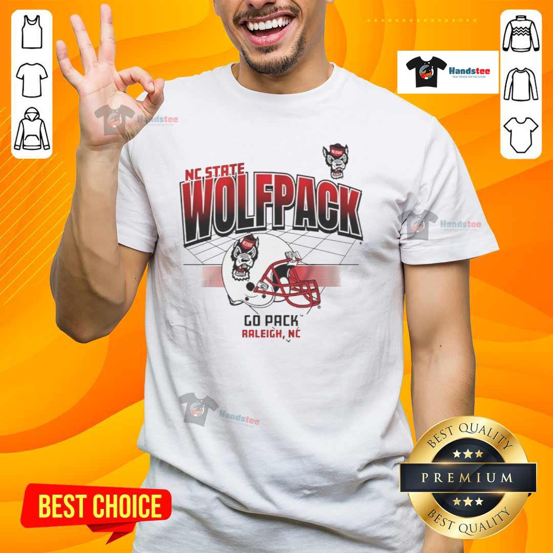 Alt Text: Nice North Carolina State Wolfpack football helmet graphic on a Go Pack Raleigh T-shirt design.