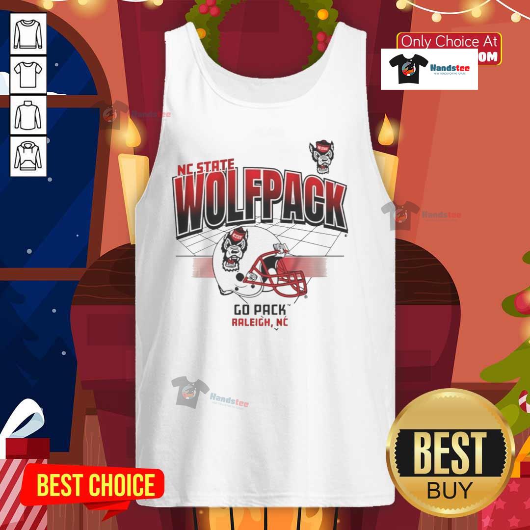 Nice North Carolina State Wolfpack football helmet graphic on a Go Pack Raleigh tank top, perfect for fans.