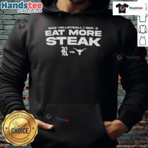 Nice Rice Owls vs. Texas Longhorns Eat More Steak hoodie featuring vibrant team logos and bold graphics.