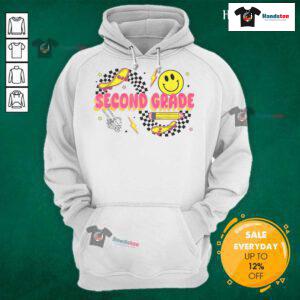 Retro smiley face hoodie for second graders, perfect for back-to-school style with skateboard and pencil graphics.