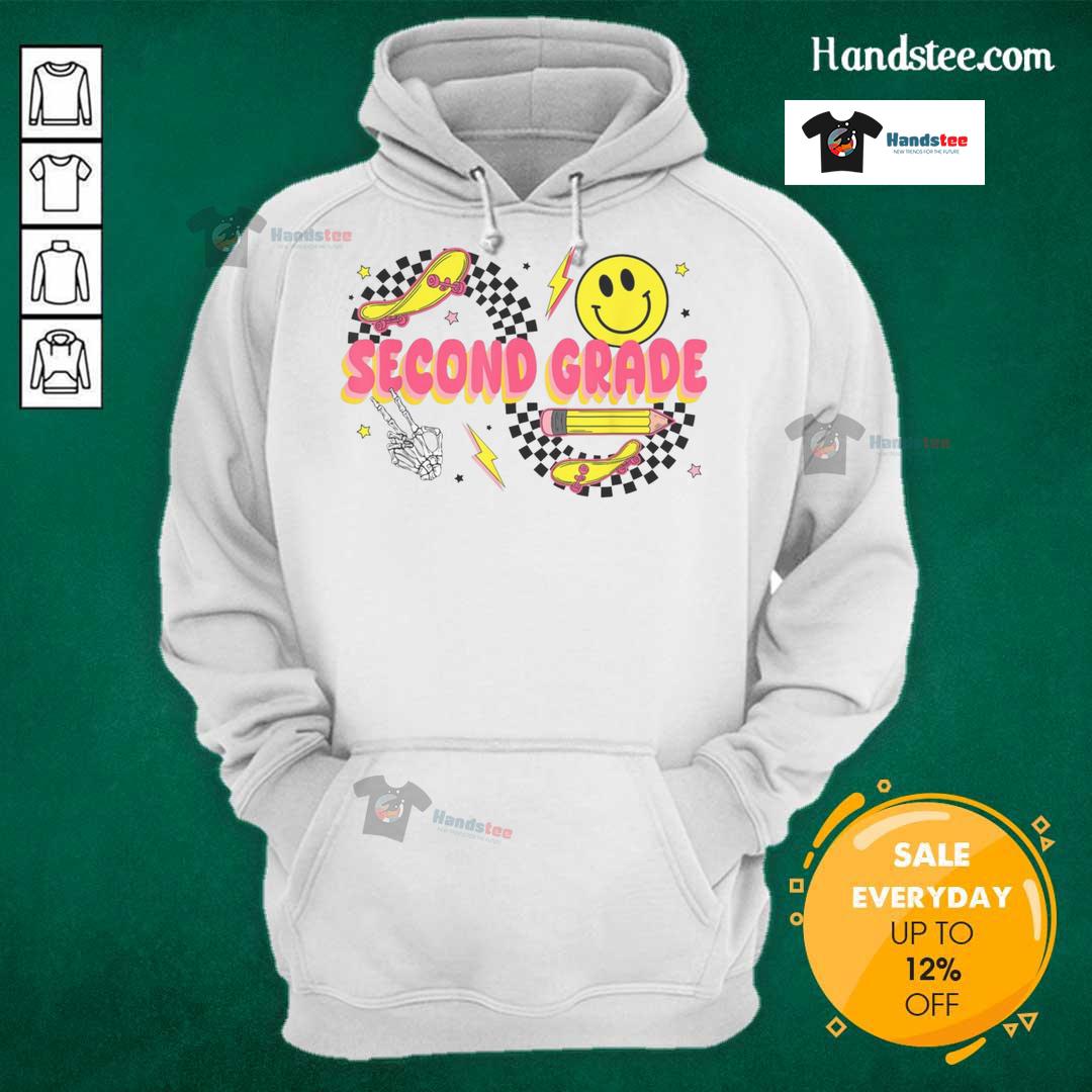 Retro smiley face hoodie for second graders, perfect for back-to-school style with skateboard and pencil graphics.