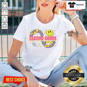 Nice second grade back to school retro smiley face pencil skateboard ladies tee for a fun and stylish classroom look.