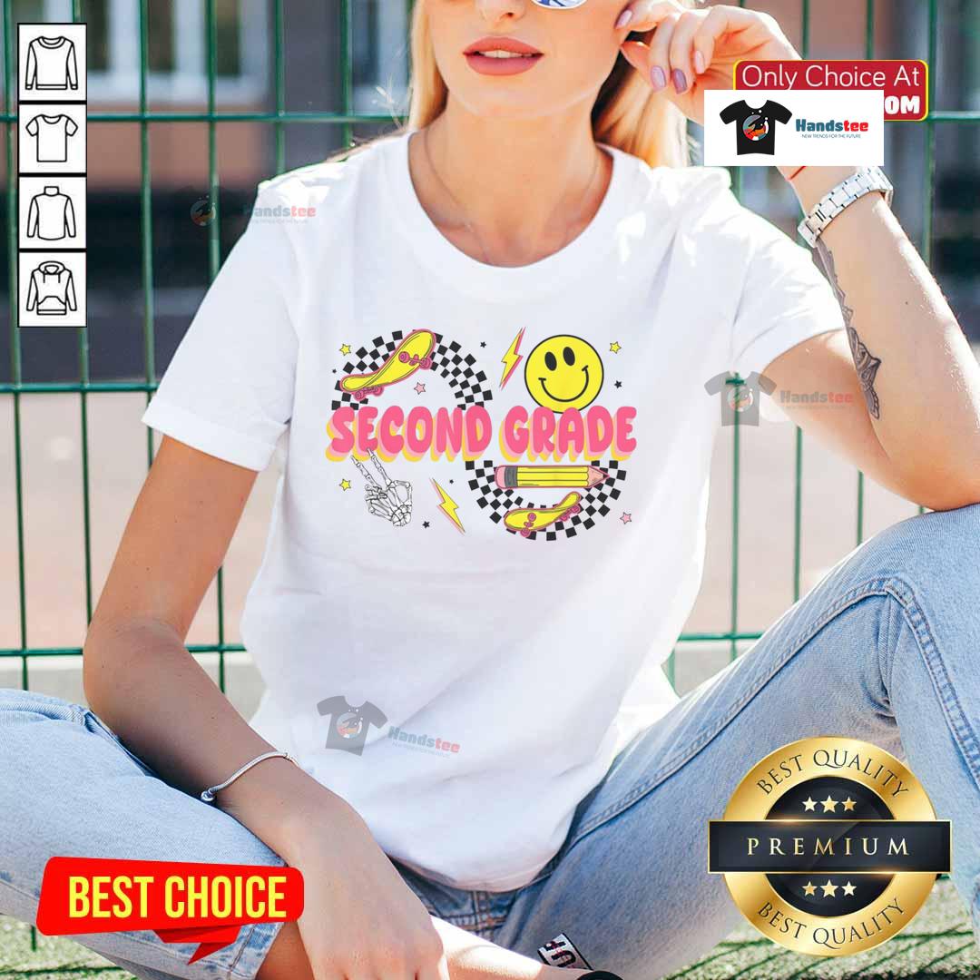 Nice second grade back to school retro smiley face pencil skateboard ladies tee for a fun and stylish classroom look.