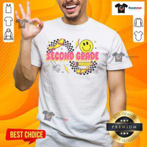Retro smiley face pencil and skateboard t-shirt for second graders, perfect for back to school style.
