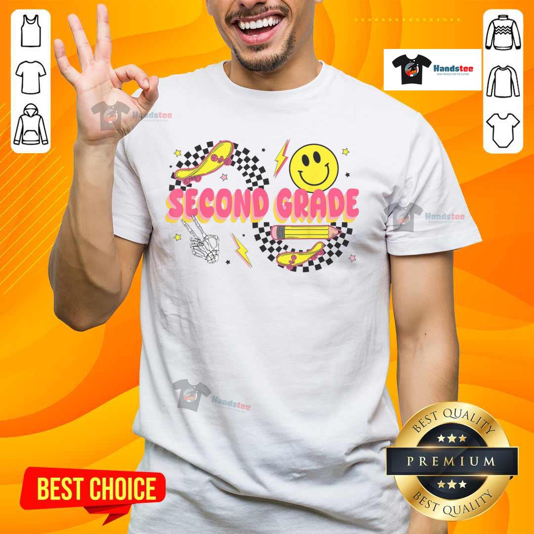 Retro smiley face pencil and skateboard t-shirt for second graders, perfect for back to school style.