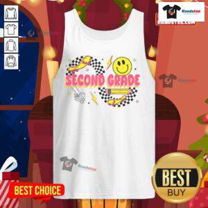 Retro smiley face tank top for second graders, featuring a skateboard design, perfect for back-to-school style.