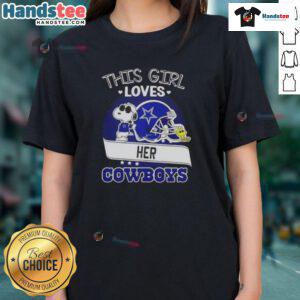 Girl wearing a 'This Girl Loves Her Dallas Cowboys' tee with a Snoopy design and a football helmet background.