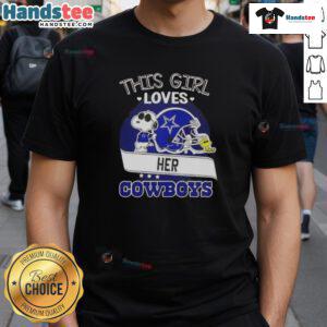 Alt Text: Girl wearing a Dallas Cowboys football helmet t-shirt featuring Snoopy, showcasing her love for the team.