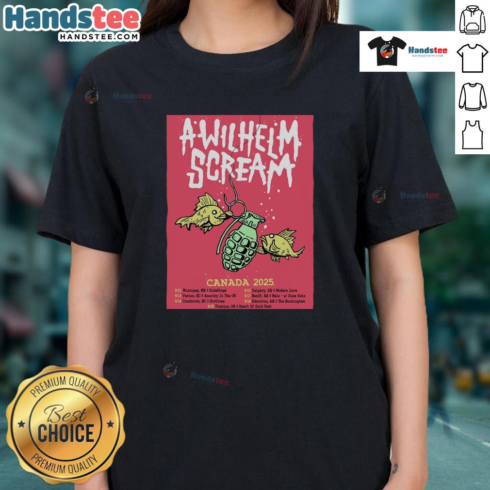Official A Wilhelm Scream 2025 Canada Tour Poster on a Ladies Tee, featuring vibrant design and tour details.