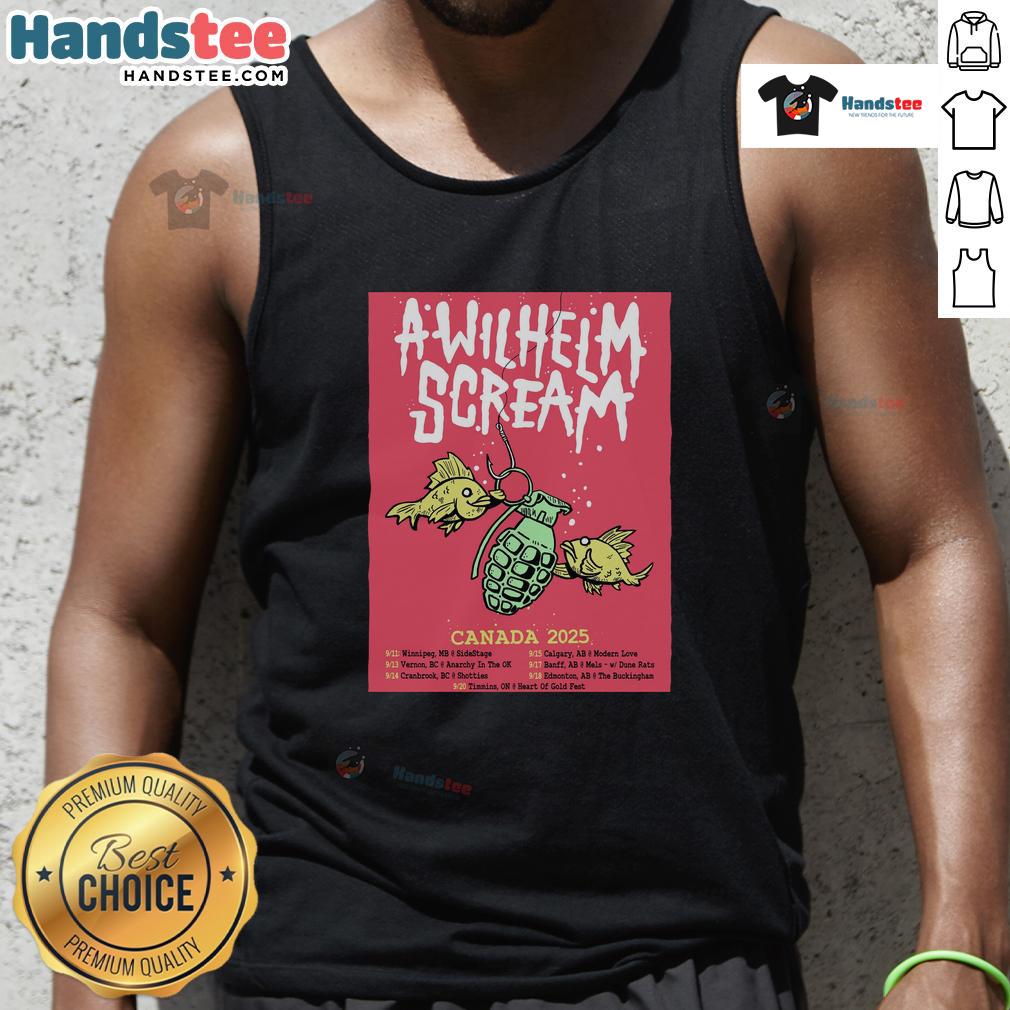 Official A Wilhelm Scream 2025 Canada Tour poster design on a tank top featuring vibrant graphics and tour details.