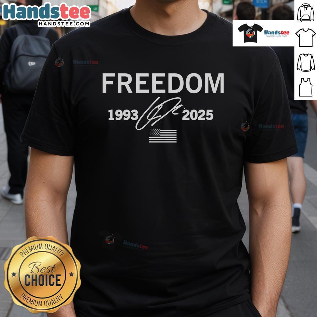 Official Charlie Kirk Freedom Signature Memorial Tribute T-Shirt featuring bold design and patriotic colors.