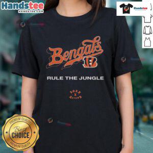 Official Cincinnati Bengals Born x Raised Rule The Jungle Ladies Tee showcasing team spirit and stylish design.