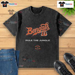 Official Cincinnati Bengals Born x Raised Rule The Jungle Washed T-Shirt showcasing team pride and stylish design.