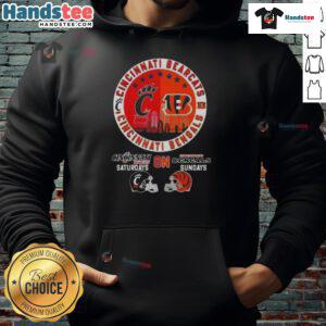 Alt Text: Cincinnati Sports Bearcats hoodie featuring football helmets and Skyline design for Bengals Sundays and Bearcats Saturdays.