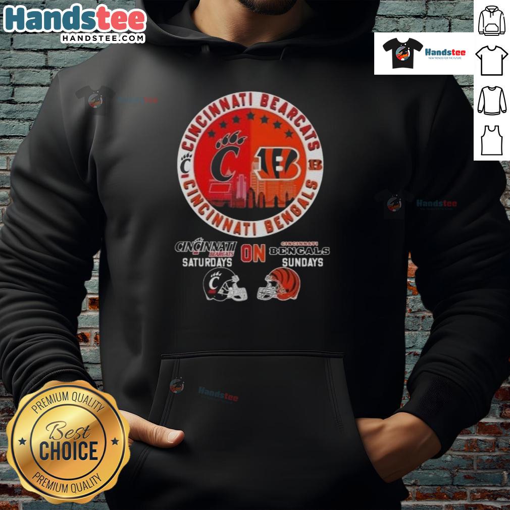 Alt Text: Cincinnati Sports Bearcats hoodie featuring football helmets and Skyline design for Bengals Sundays and Bearcats Saturdays.