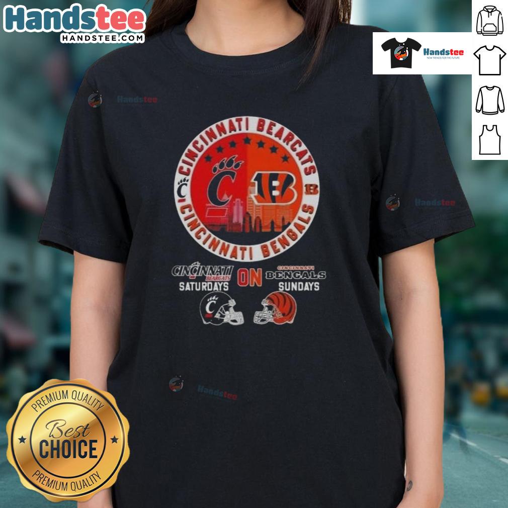 Official Cincinnati Sports Bearcats tee featuring football helmets and skyline design for Bengals Sundays.